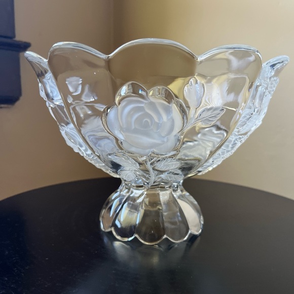 Vintage Other - Vintage Bohemia Frosted Czech Glass Rose Floral  Pedestal Fruit Bowl